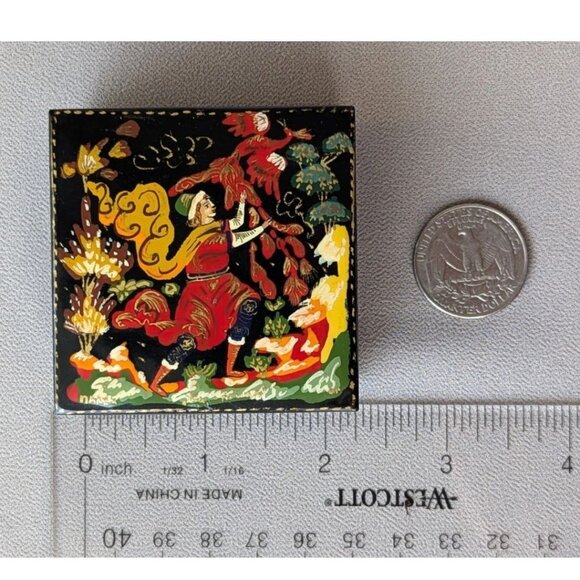 Vintage Palekh Hand Painted Lacquer Small Jewelry Trinket Box 'Firebird' Signed - Picture 6 of 7